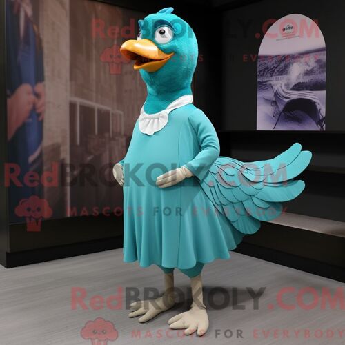 Costume De Mascotte Redbrokoly De Pigeon Bleu Sarcelle Habillé D Une Robe Fourreau Et De Lacets De Chaussures