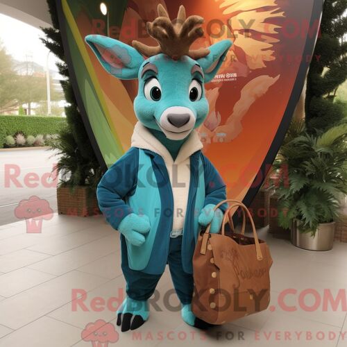 Costume Mascotte Redbrokoly De Gazelle Turquoise Habillé D Un Gilet Et De Cabas