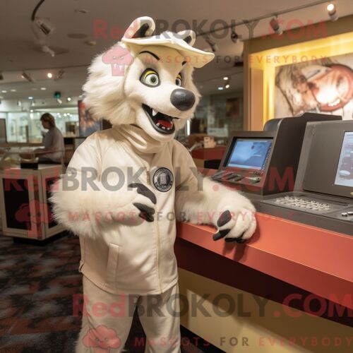Costume De Mascotte Redbrokoly De Loup Crème Habillé D Un T-Shirt Graphique Et De Montres