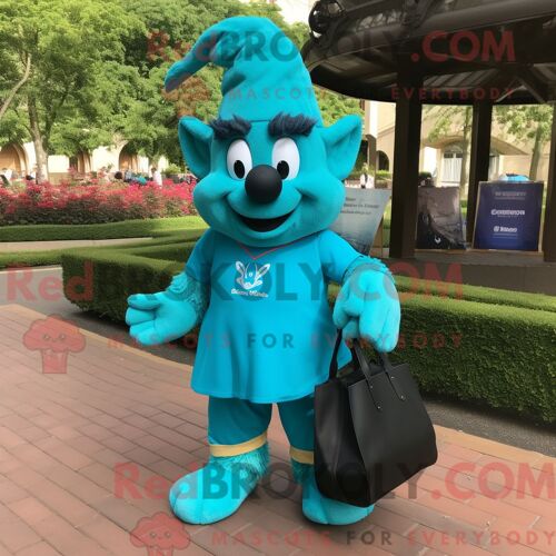 Costume De Mascotte Redbrokoly De Magicien Turquoise Habillé D Une Chemise De Rugby Et De Sacs Fourre-Tout