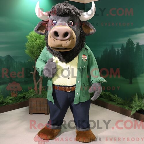 Costume De Mascotte Redbrokoly De Buffle Vert Forêt Habillé D Une Chemise En Chambray Et De Clips Pour Écharpe