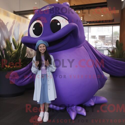 Costume De Mascotte Redbrokoly De Baleine À Bosse Violette Personnage Habillé Avec Une Mini Robe Et Des Casquettes