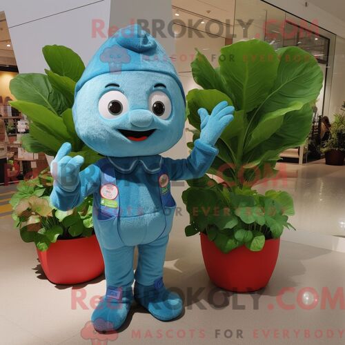 Costume Mascotte Redbrokoly D Épinards Bleu Ciel Habillé D Une Salopette Et De Porte-Clés