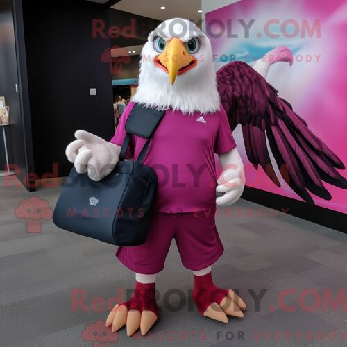 Costume De Mascotte Redbrokoly De Pygargue À Tête Blanche Magenta Habillé D Un Rash Guard Et De Sacs À Main