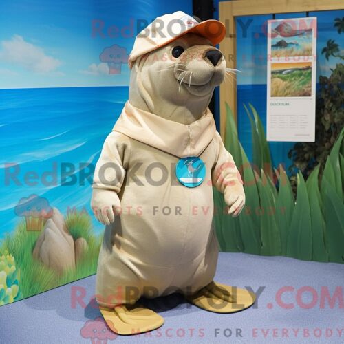 Mascotte Redbrokoly D Otarie Beige Costume De Personnage Habillé Avec Un Bermuda Et Des Bonnets