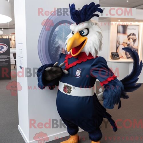 Costume Mascotte Redbrokoly De Coq Bleu Marine Habillé D Un Col Roulé Et De Bracelets De Cheville