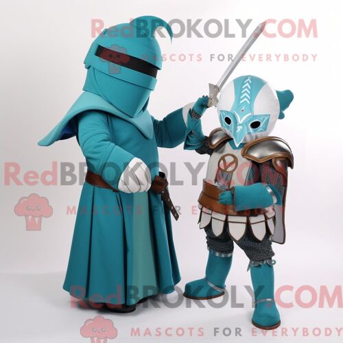 Costume De Mascotte Redbrokoly De Chevalier Médiéval Bleu Sarcelle Habillé Avec Une Jupe Longue Et Des Cravates