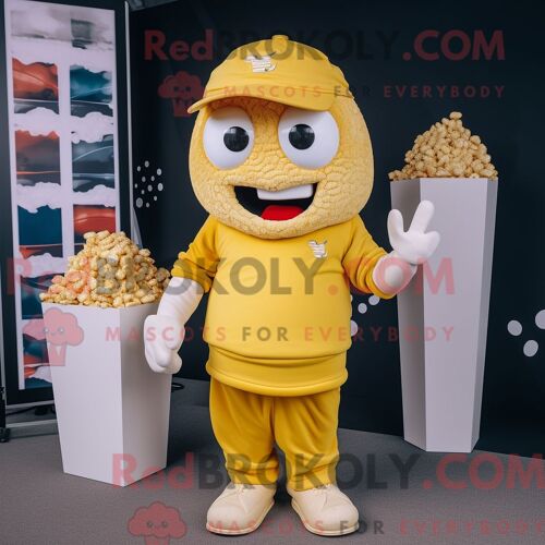 Mascotte Redbrokoly De Pop Corn Jaune Costume De Personnage Habillé Avec Un T-Shirt Et Des Casquettes