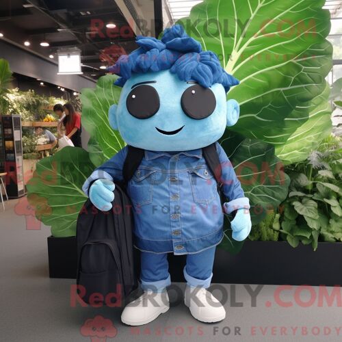 Personnage De Costume De Mascotte Redbrokoly De Feuille De Chou Bleu Habillé D Une Chemise En Jean Et De Sacs Messager