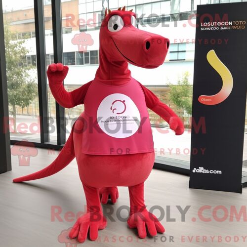 Mascotte Redbrokoly De Diplodocus Rouge Personnage Habillé D Un Short De Course Et De Montres-Bracelets