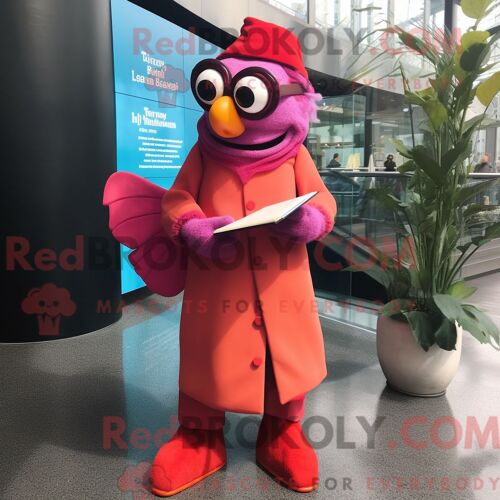 Costume De Mascotte Redbrokoly De Poisson Clown Magenta Personnage Habillé D Un Manteau Et De Lunettes De Lecture
