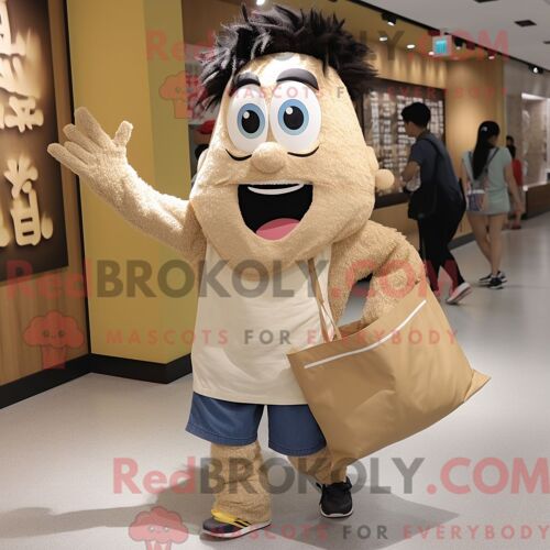 Personnage De Costume De Mascotte Redbrokoly De Riz Frit Beige Habillé D Un Short En Jean Et De Sacs Fourre-Tout