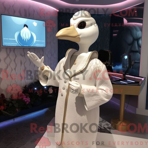 Costume Mascotte Redbrokoly De Cygne Crème Personnage Habillé Avec Une Veste Et Des Boucles D Oreilles