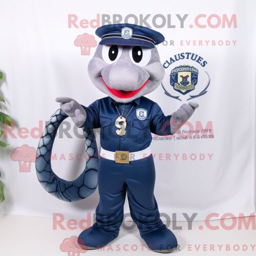 Costume Mascotte Redbrokoly De Serpent Bleu Marine Personnage Habillé D Un Bermuda Et D Une Ceinture De Smoking