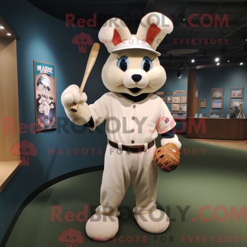 Costume De Mascotte Redbrokoly De Lapin Sauvage Crème Habillé D Un T-Shirt De Baseball Et D Enveloppements