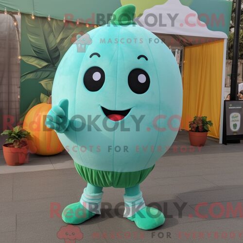 Costume Mascotte Redbrokoly De Melon Bleu Sarcelle Habillé D Une Combishort Et De Lacets De Chaussures