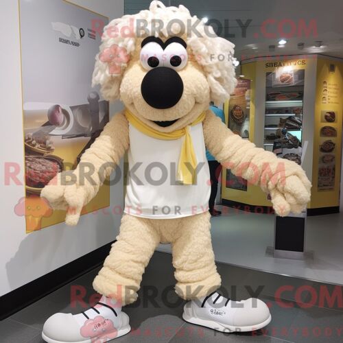 Costume Mascotte Redbrokoly De Shepard S Pie Crème Personnage Habillé Avec Une Combinaison Et Des Lacets De Chaussures