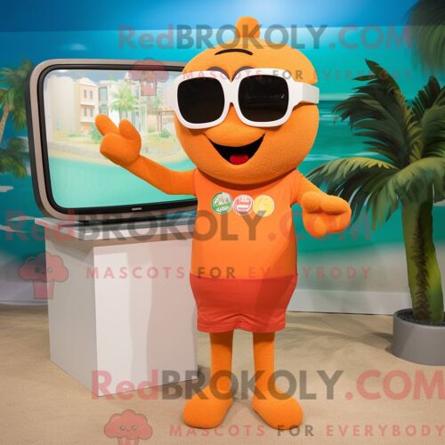 Costume Mascotte Redbrokoly De Télévision Orange Personnage Habillé D Un Maillot De Bain Et De Lunettes De Lecture