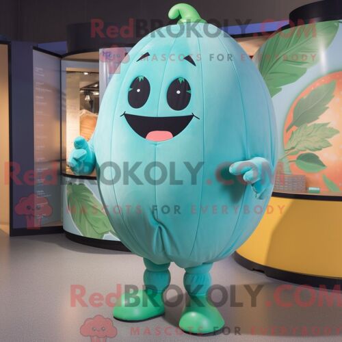 Costume Mascotte Redbrokoly De Melon Bleu Sarcelle Habillé D Une Combishort Et De Lacets De Chaussures