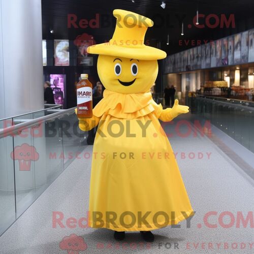 Personnage De Costume De Mascotte Redbrokoly De Bouteille De Moutarde Habillé Avec Une Robe De Cocktail Et Des Épingles À Chapeau