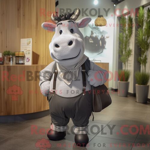 Personnage De Costume De Mascotte Redbrokoly De Vache Grise Habillé D Un Gilet Et De Sacs Fourre-Tout