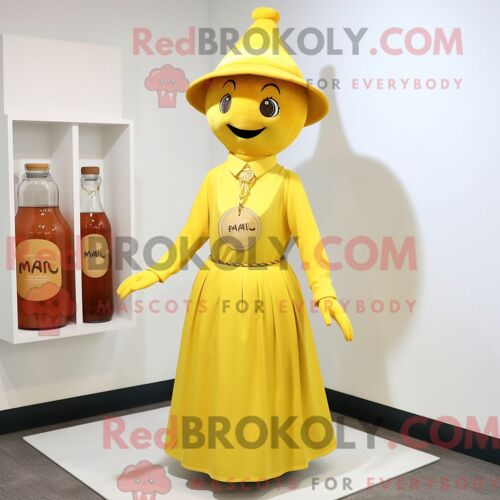 Personnage De Costume De Mascotte Redbrokoly De Bouteille De Moutarde Habillé Avec Une Robe De Cocktail Et Des Épingles À Chapeau