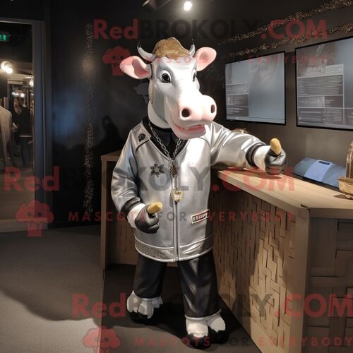 Costume De Mascotte Redbrokoly De Vache Holstein Argentée Personnage Habillé D Un Blouson Aviateur Et De Bracelets