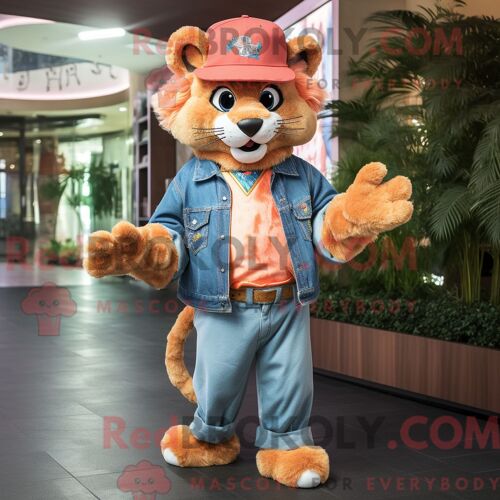 Costume De Mascotte Redbrokoly De Peach Panther Habillé Avec Un Jean Boyfriend Et Des Chapeaux