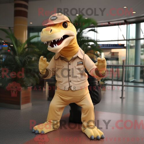 Mascotte Redbrokoly De Tyrannosaure Beige Costume De Personnage Habillé Avec Un Jegging Et Des Casquettes