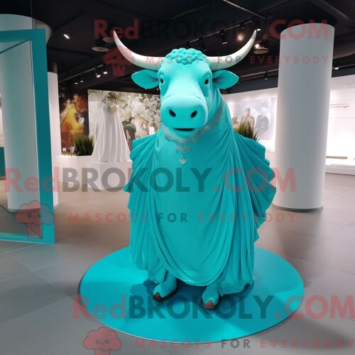 Costume De Mascotte Redbrokoly De Taureau Turquoise Habillé D Une Robe De Mariée Et De Coussinets De Pieds