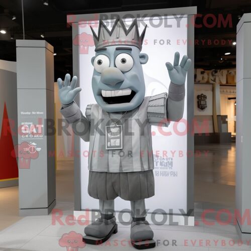Personnage De Costume De Mascotte Redbrokoly De Roi Gris Habillé Avec Un Pantalon Chino Et Des Épingles À Cravate