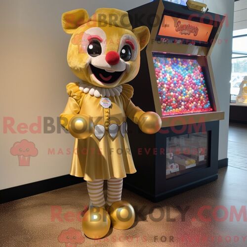 Costume De Mascotte Redbrokoly Gold Gumball Machine Habillé Avec Une Barboteuse Et Des Bandeaux