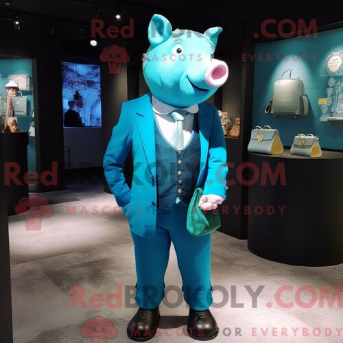 Costume De Mascotte Redbrokoly De Cochon Cyan Habillé D Un Costume Et D Un Porte-Monnaie