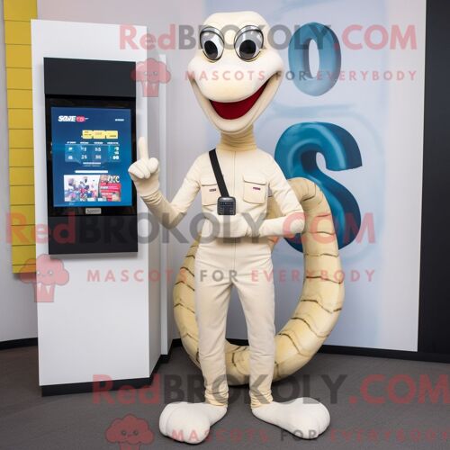 Personnage De Costume De Mascotte Redbrokoly De Serpent Crème Habillé D Un Jean Skinny Et De Montres Numériques