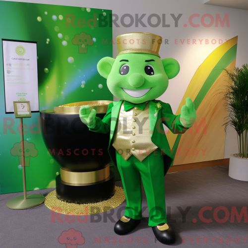 Costume De Mascotte Redbrokoly De Pot D Or Vert Citron Habillé D Un Costume Et De Boucles D Oreilles