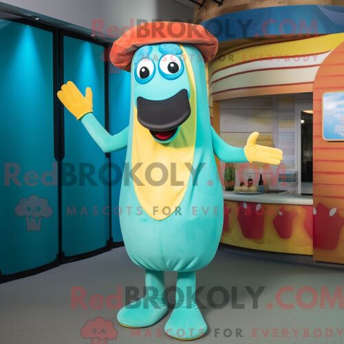 Costume De Mascotte Redbrokoly De Hot Dog Turquoise Personnage Habillé Avec Une Barboteuse Et Des Chapeaux
