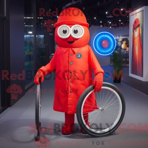 Personnage Mascotte Redbrokoly De Monocycliste Rouge Habillé D Une Parka Et De Lunettes