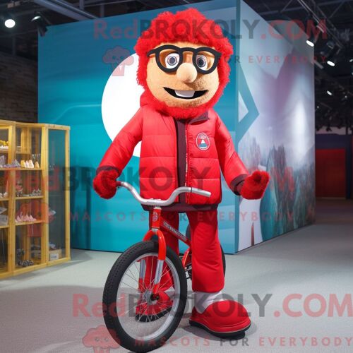 Personnage Mascotte Redbrokoly De Monocycliste Rouge Habillé D Une Parka Et De Lunettes
