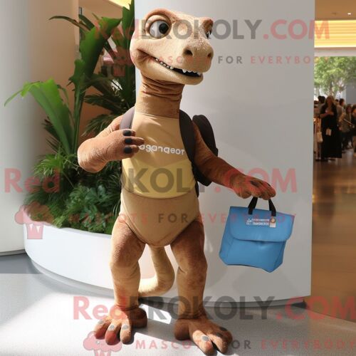 Costume De Mascotte Redbrokoly D Iguanodon Marron Personnage Habillé D Un Pantalon Capri Et De Sacs Messager