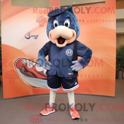 Costume Mascotte Redbrokoly De Saumon Bleu Marine Personnage Habillé Avec Un Short Et Des Lacets De Chaussures