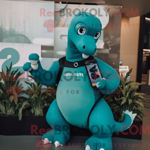 Costume De Mascotte Redbrokoly De Brachiosaure Bleu Sarcelle Habillé D Un Camouflage Et De Montres Intelligentes