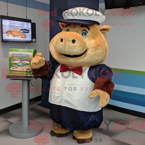 Costume De Mascotte Redbrokoly De Sandwich Au Porc Effiloché Bleu Marine Habillé D Une Chemise Boutonnée Et De Cravates