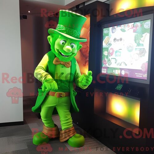 Personnage De Costume De Mascotte Redbrokoly De Leprechaun Vert Citron Habillé Avec Un Gilet Et Des Montres
