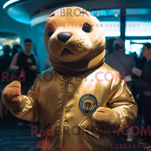 Costume De Mascotte Redbrokoly D Otarie Dorée Personnage Habillé D Un Blouson Aviateur Et D Anneaux