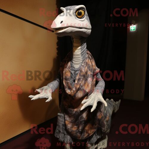 Costume Mascotte Redbrokoly De Coelophysis Gris Habillé Avec Une Robe Et Des Foulards