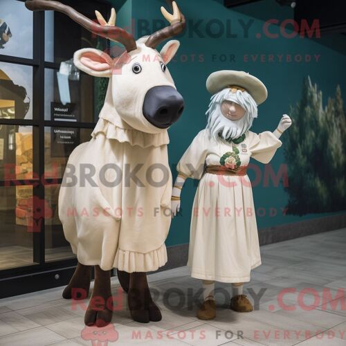 Mascotte Redbrokoly D Élan Irlandais Blanc Costume De Personnage Habillé D Une Robe Midi Et De Bérets