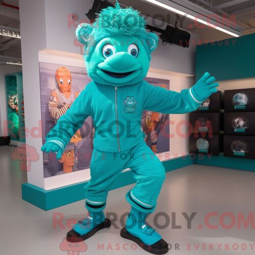 Costume De Mascotte Redbrokoly De Chaussures De Danse Irlandaises Cyan Habillé D Une Combinaison Et D Anneaux