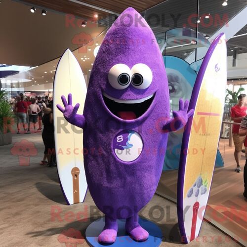 Costume De Mascotte Redbrokoly De Planche De Surf Violette Habillé D Un Maillot De Bain Une Pièce Et D Épinglettes
