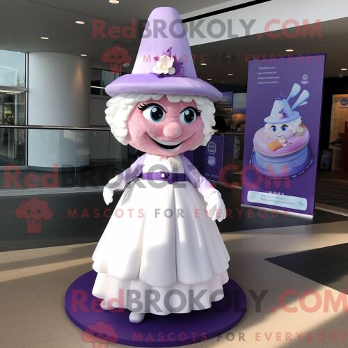 Personnage De Costume De Mascotte Redbrokoly De Gâteau De Mariage À La Lavande Habillé Avec Une Jupe Trapèze Et Des Bérets