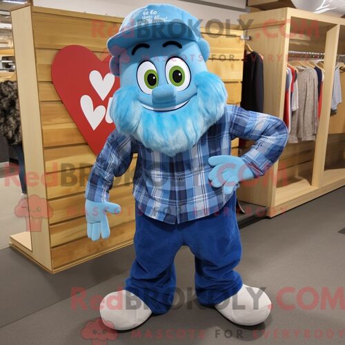 Personnage De Costume De Mascotte Redbrokoly De Coeur Bleu Habillé Avec Une Chemise En Flanelle Et Des Pinces À Chaussures